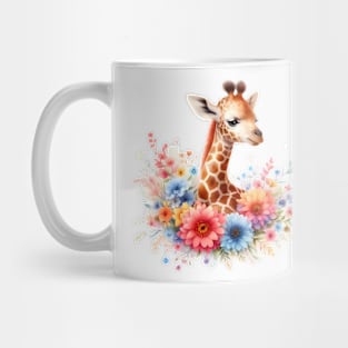 A baby giraffe decorated with beautiful colorful flowers. Mug